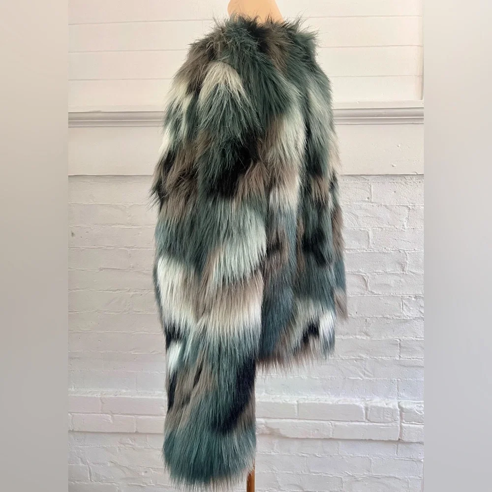Willow And Clay Faux Fur Coat Teal Gray Multi Color Open Front Jacket Boho - Picture 5 of 12